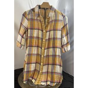 twentyone Women Plaid Blouse Small Yellow Shirt Roll Tab Sleeves And Bottom